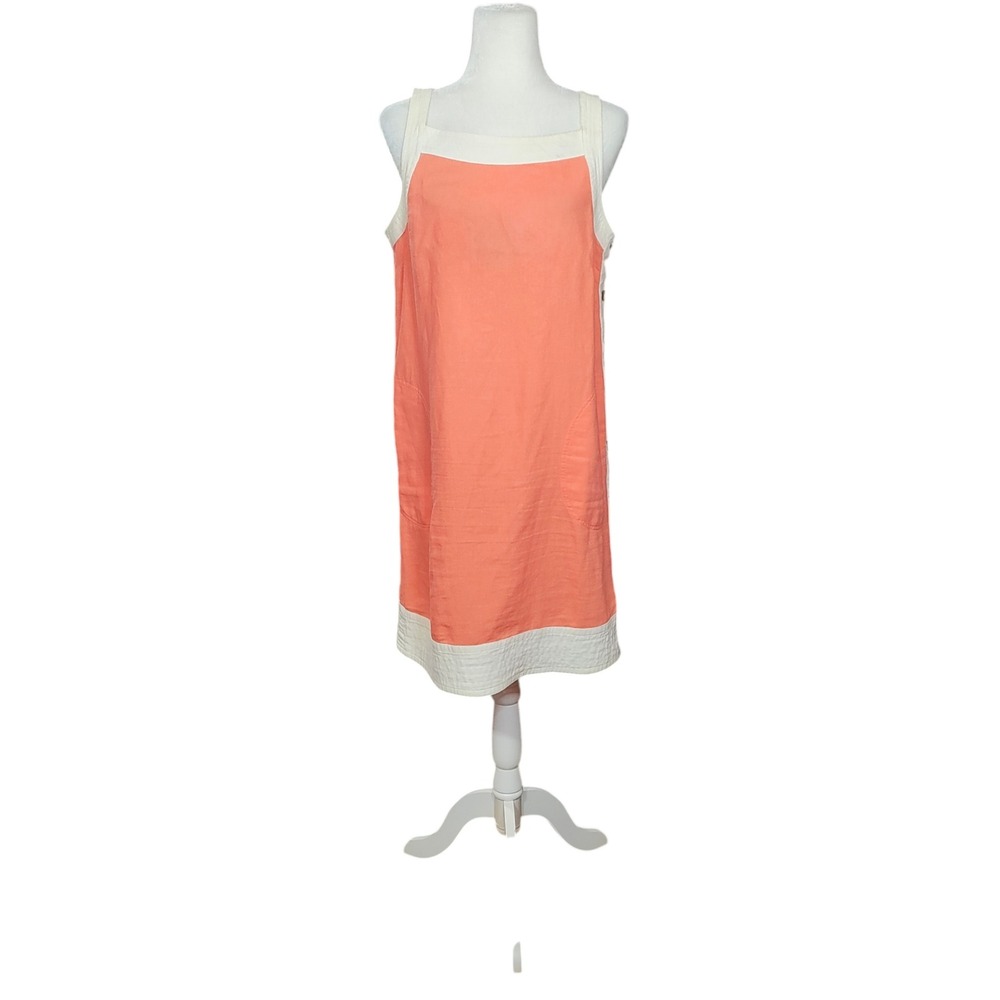 Forcynthia Coral White Linen Blend Colorblock Side Button Shift Dress Medium